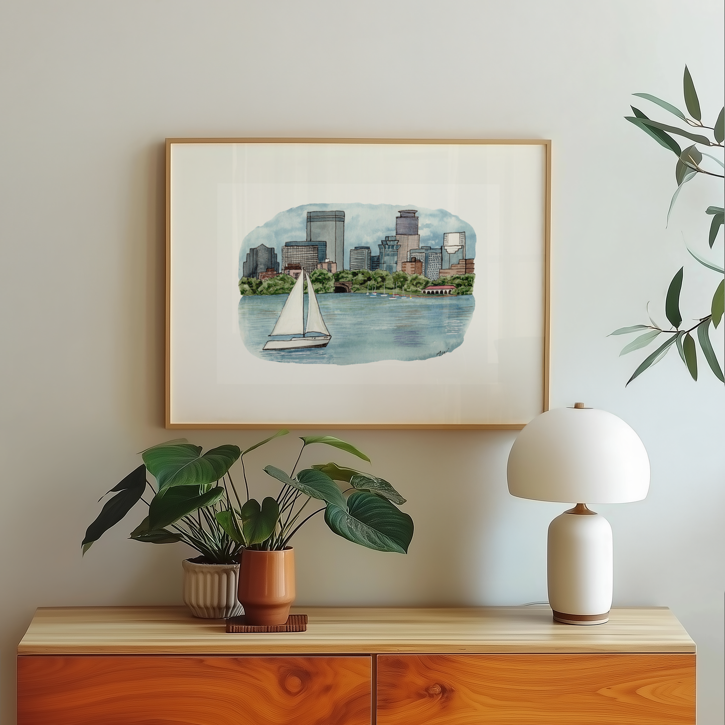 Bde Maka Ska view of Minneapolis - Pen and Watercolor Art - Archival Quality Art Print