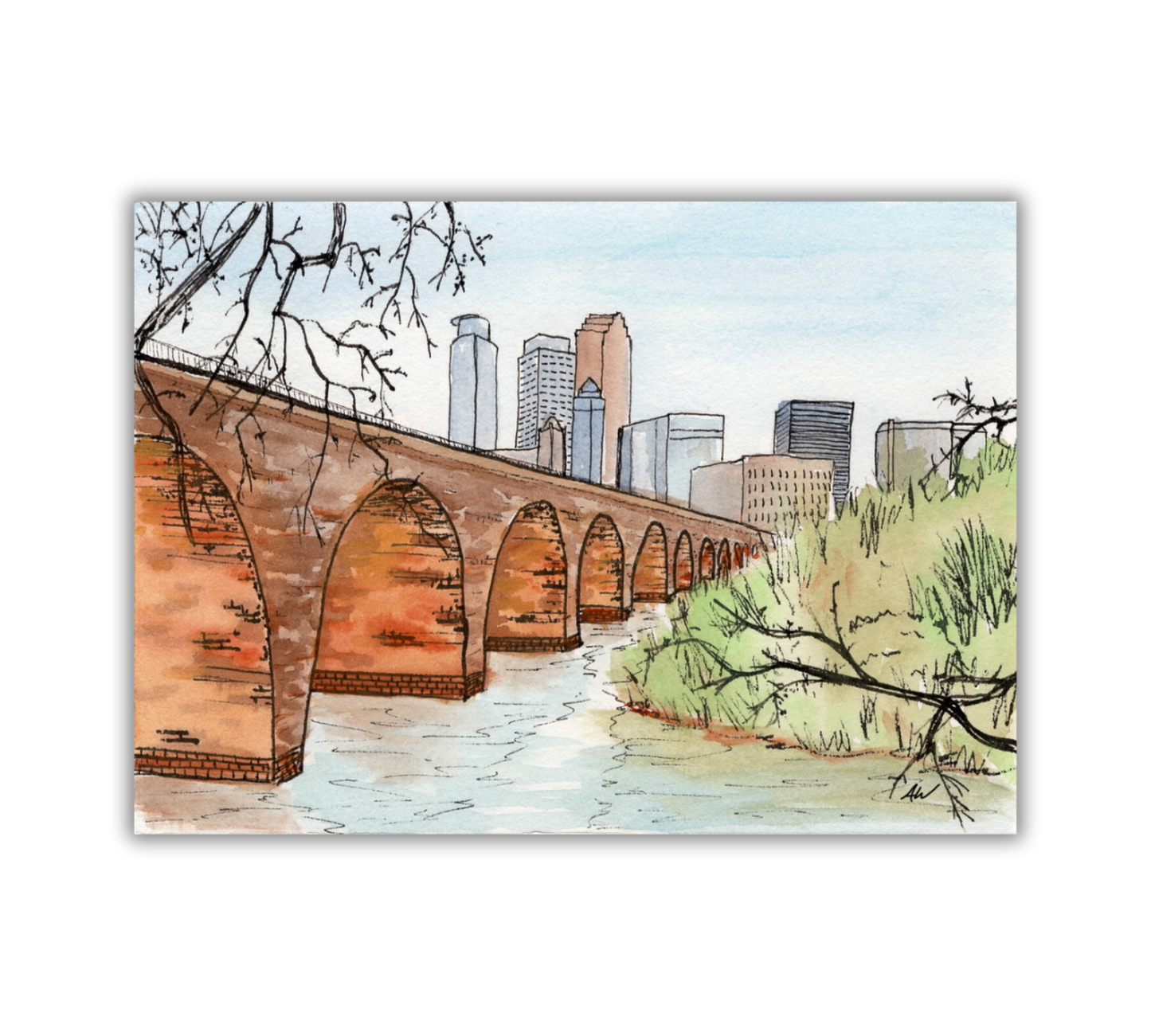 Stone Arch Bridge in Pen and Watercolor - Archival Quality Art Print