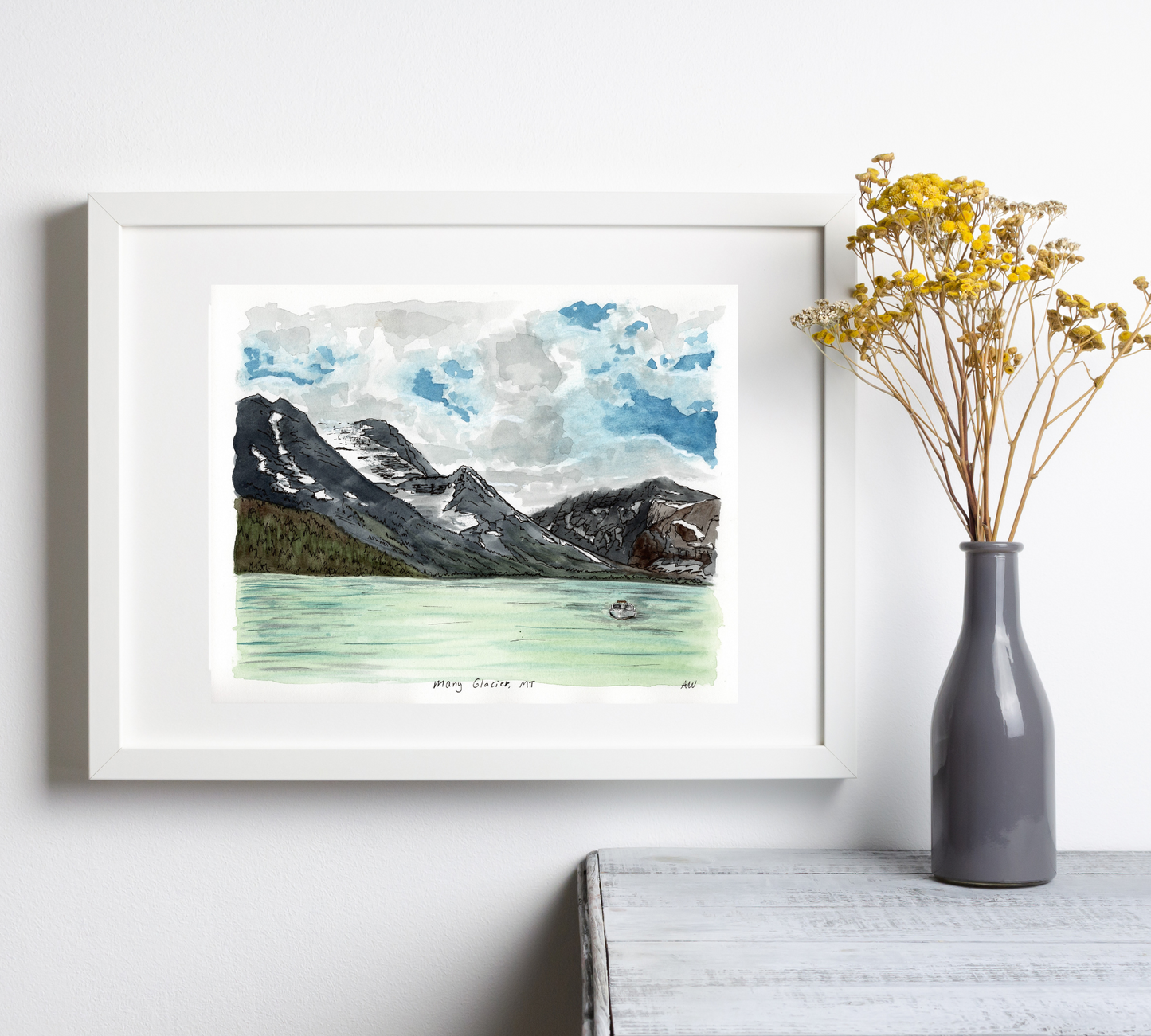 Lake Josephine East Glacier National Park in Pen and Watercolor - Archival Quality Art Print