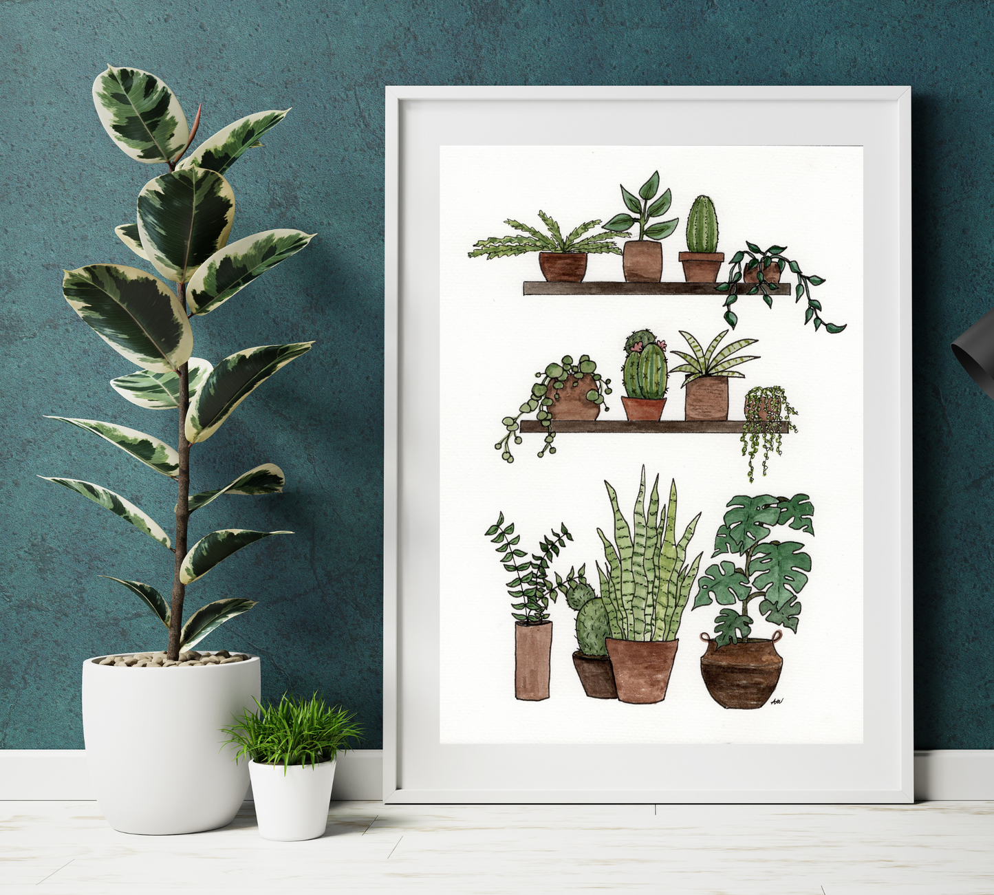 Shelves of Plants - Pen and Watercolor Archival Art Print