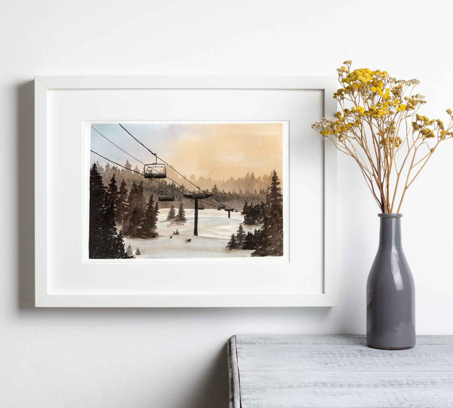 Skiing at Sunset Pen and Watercolor Painting - Archival Quality Art Print