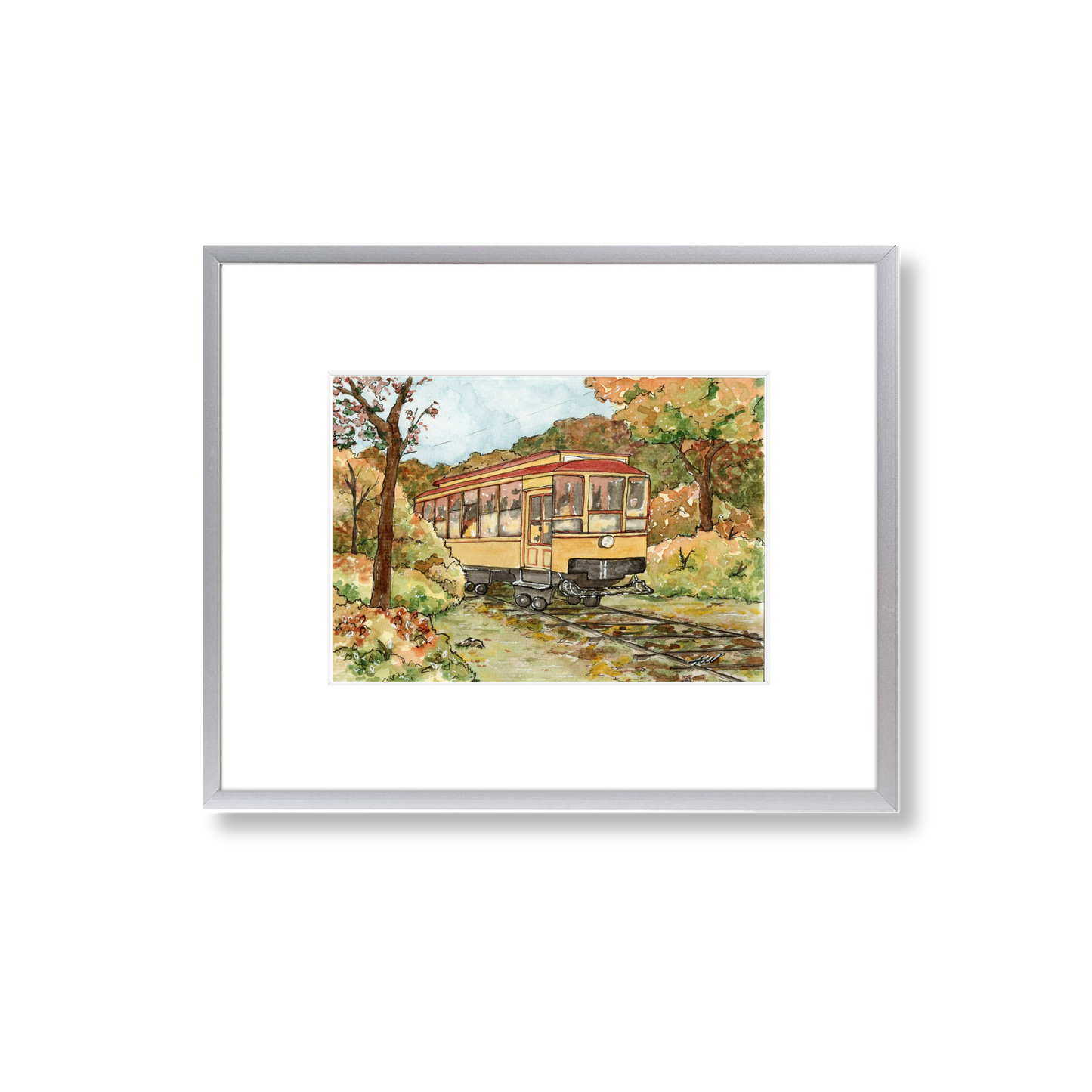 Trolley at Autumn - Framed Original Watercolor Painting