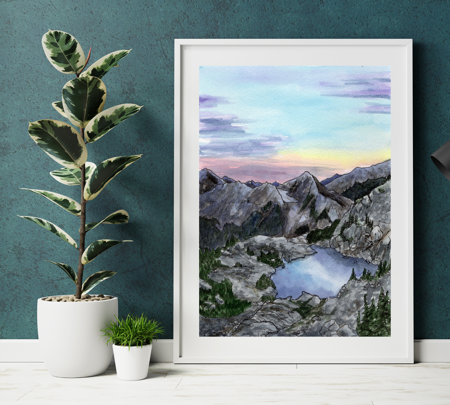 Mountain View of the Lake - Pen and Watercolor Archival Art Print