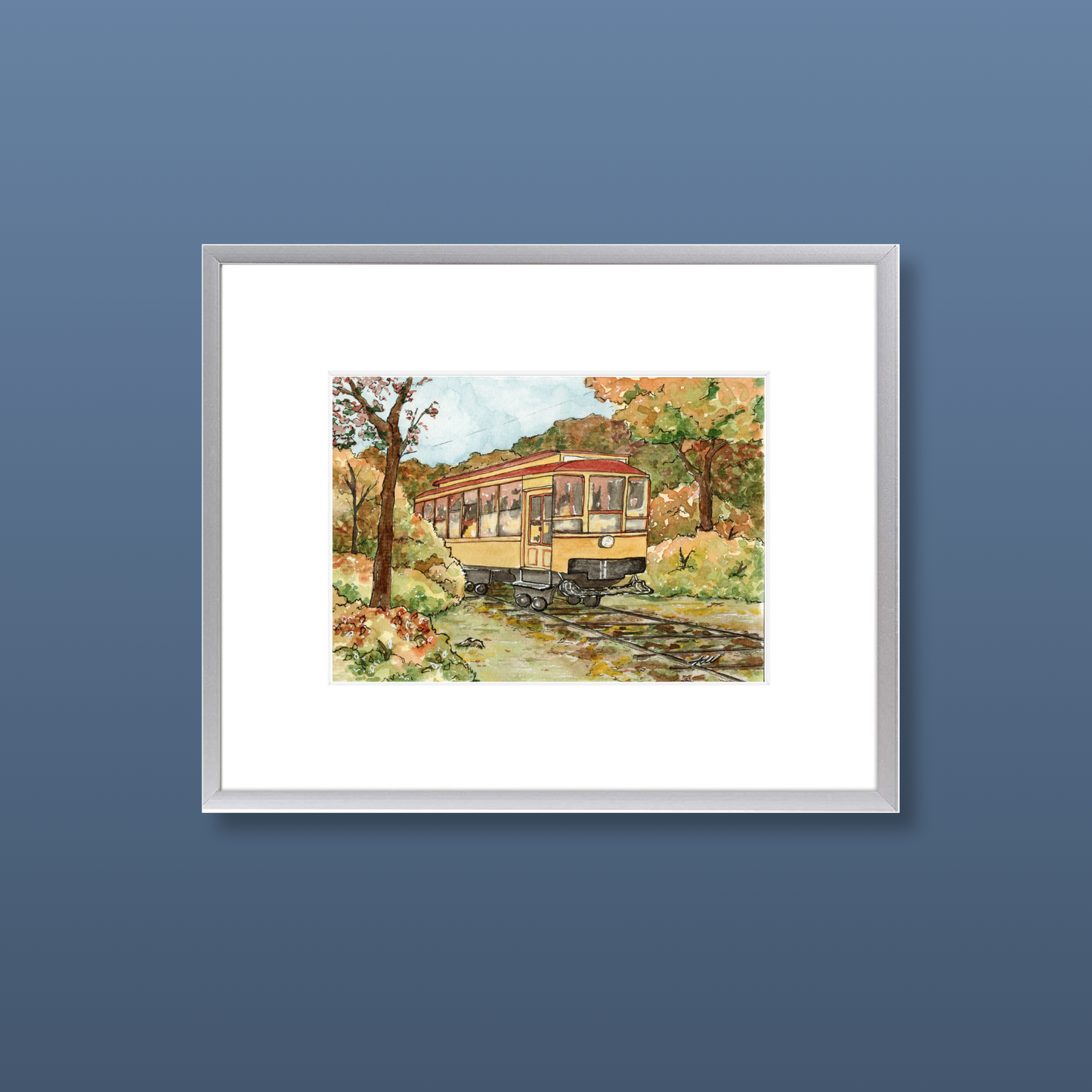 Trolley at Autumn - Framed Original Watercolor Painting