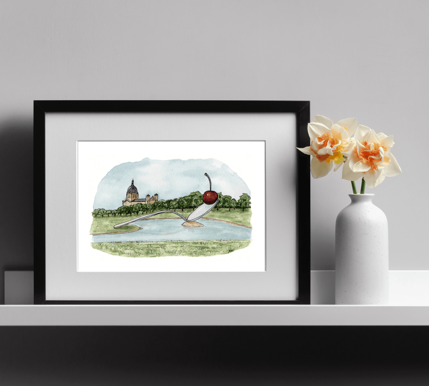 Cherry and Spoon Sculpture - Pen and Watercolor Art - Archival Quality Art Print - alyssawhetstoneart