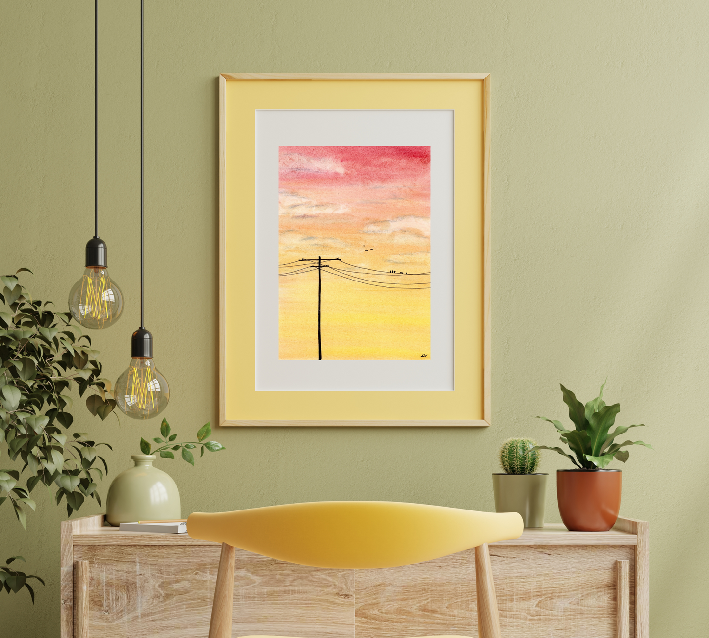 Sunset Sky and Powerlines in Pen and Watercolor - Archival Quality Art Print