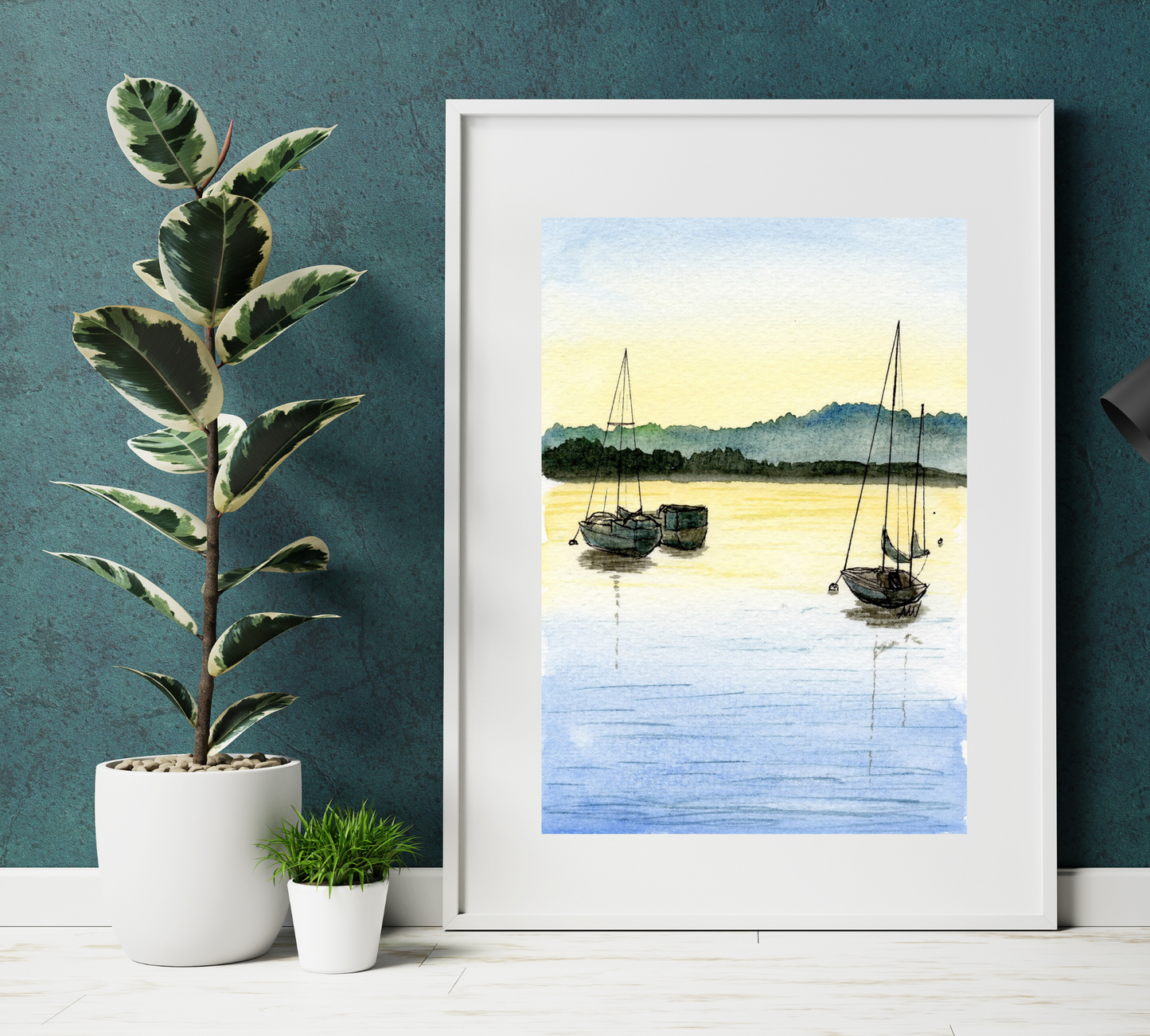 Grand Marais Sailboats Pen and Watercolor Art - Archival Quality Art Print