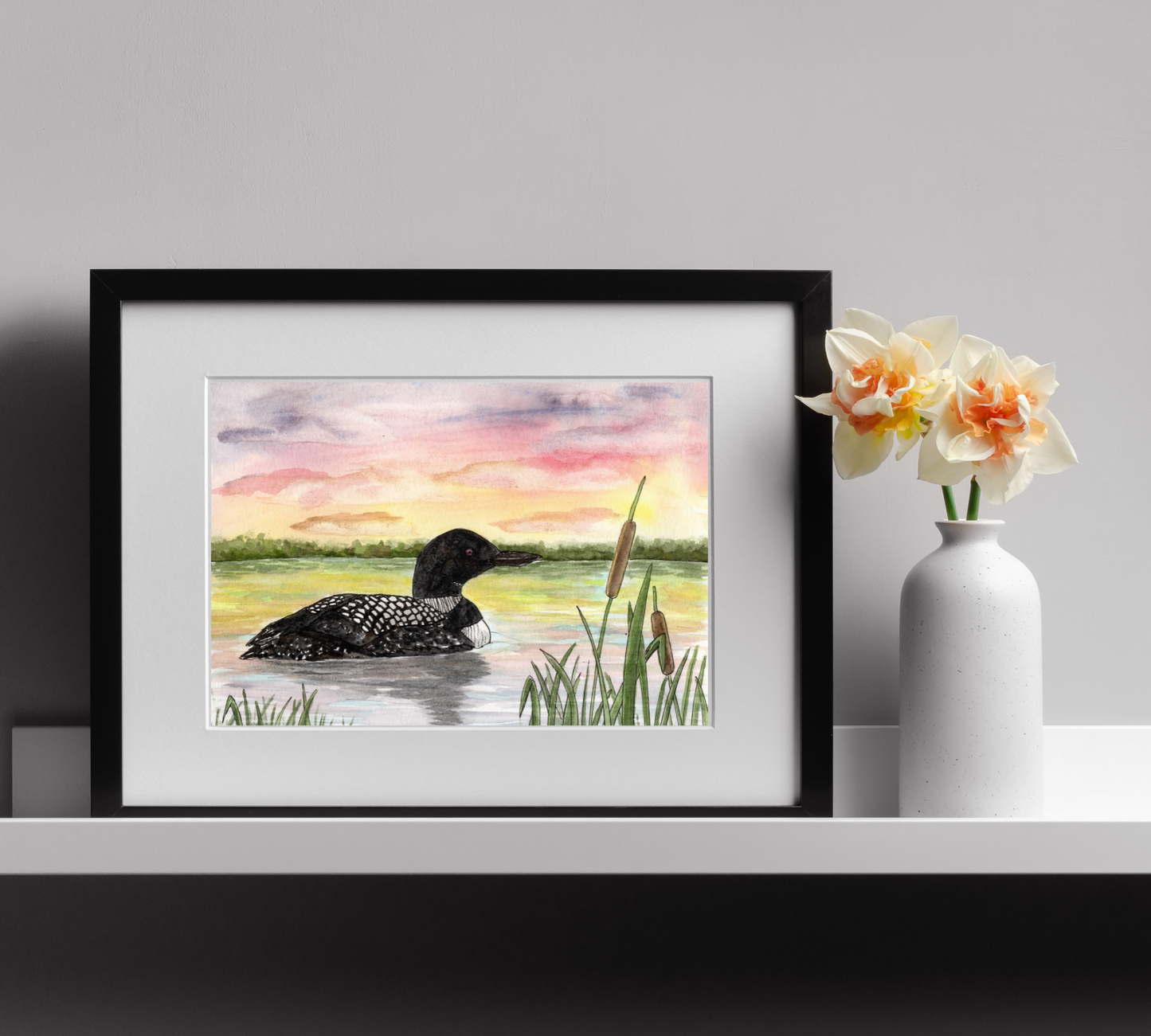 Loon at Sunset - Pen and Watercolor Painting - Archival Quality Art Print