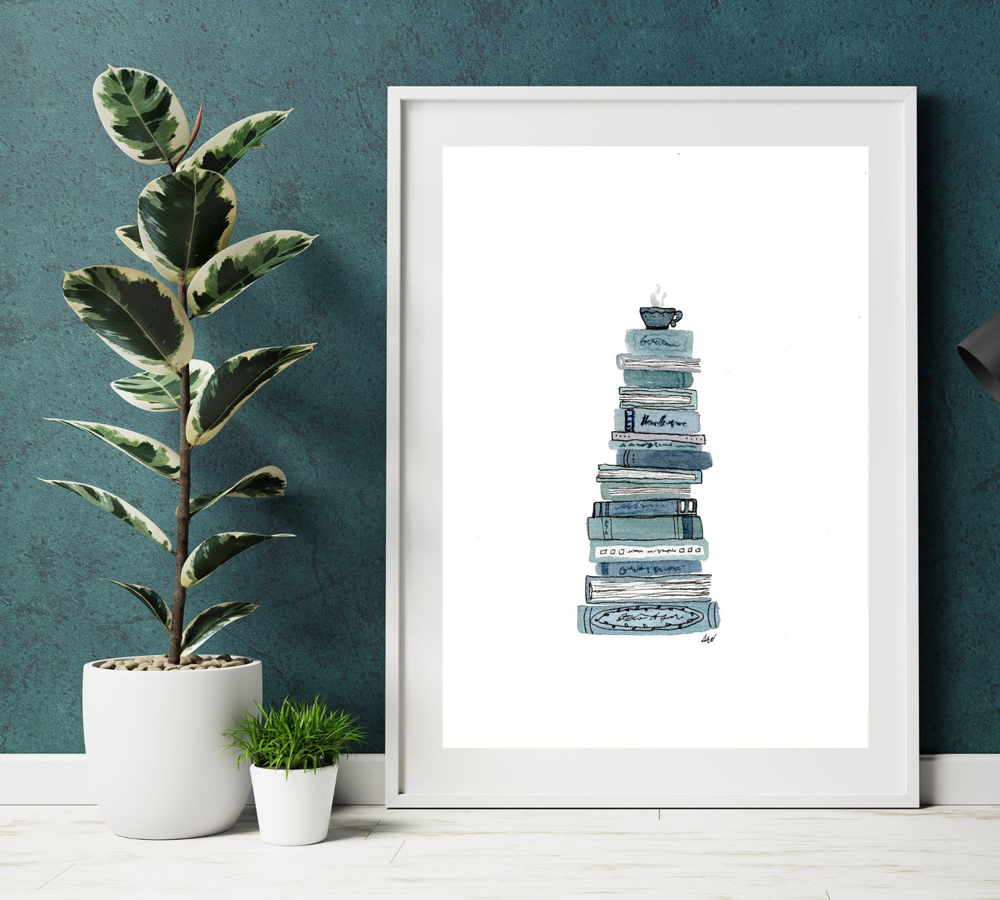 Book Stack - Pen and Watercolor Archival Art Print