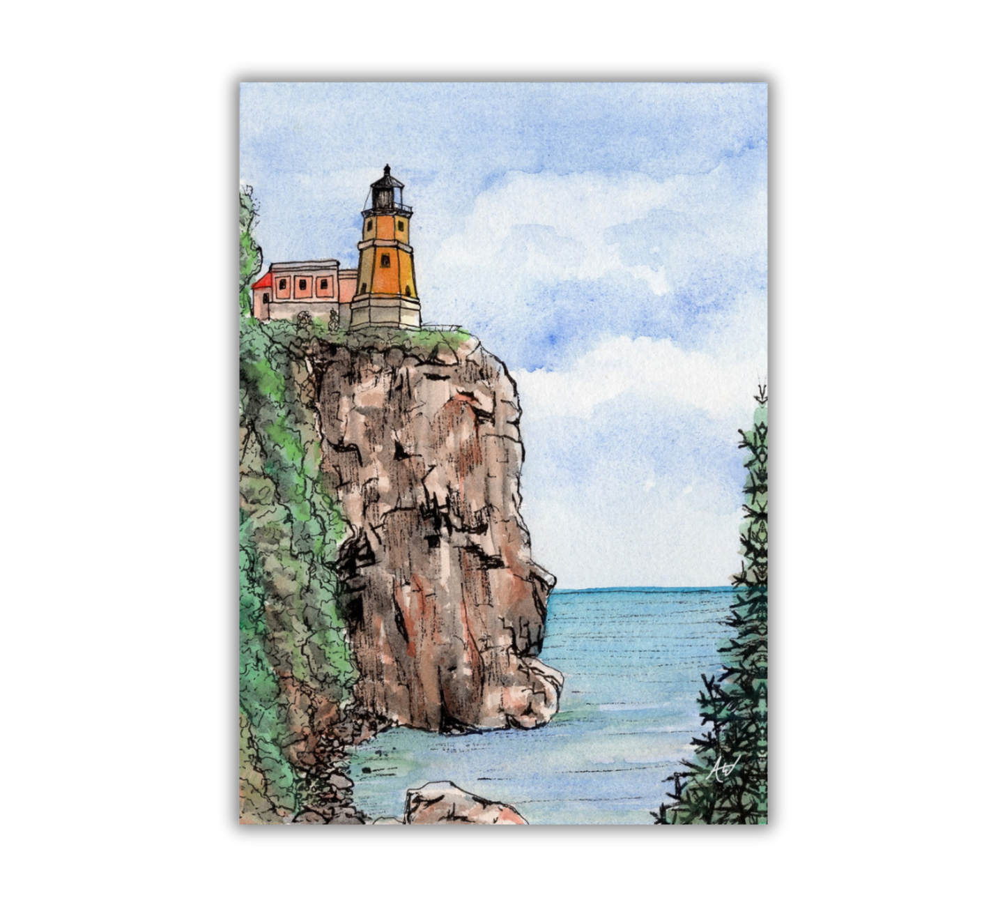 Split Rock Lighthouse in Pen and Watercolor - Archival Quality Art Print