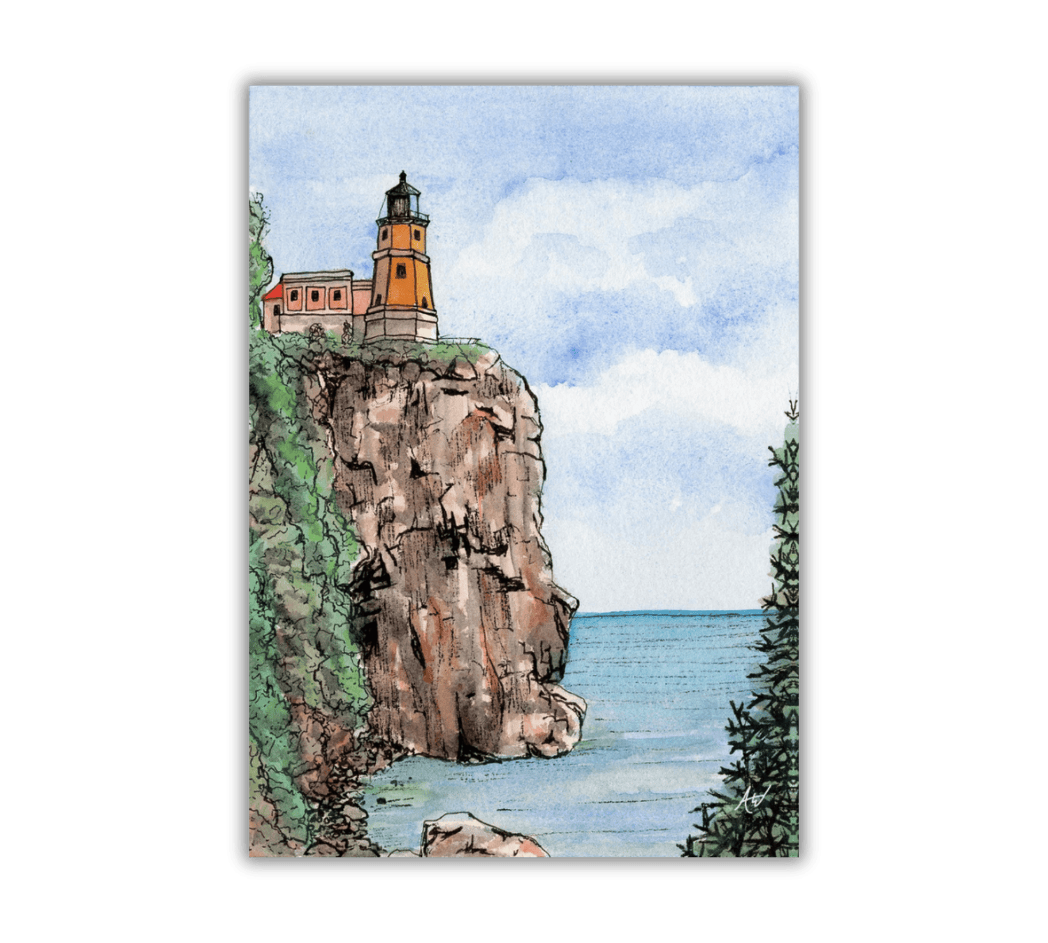 Split Rock Lighthouse in Pen and Watercolor - Archival Quality Art Print - alyssawhetstoneart