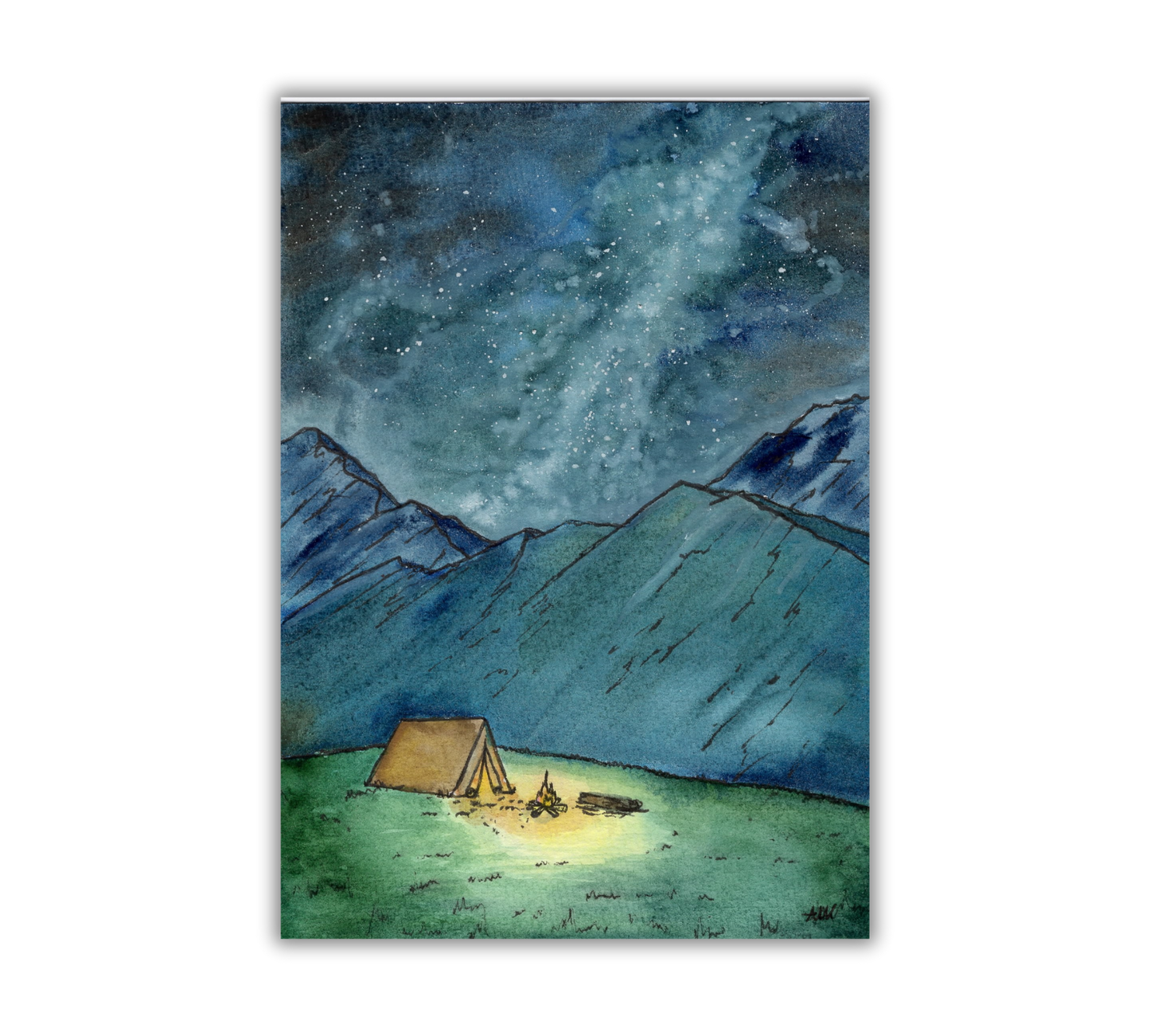 Camping Under the Night Sky in Pen and Watercolor - Archival Quality Art Print