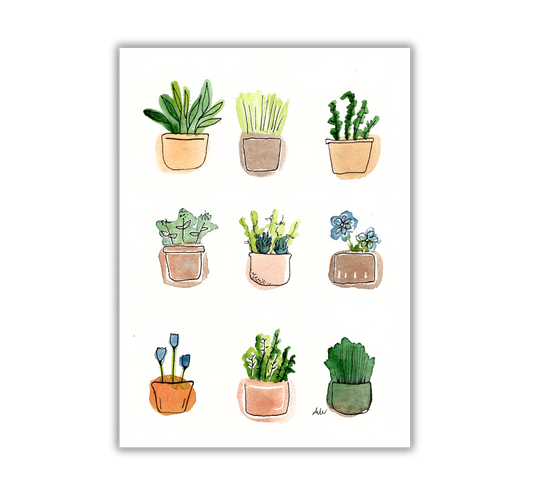 Nine Plants Pen and Watercolor Painting - Archival Quality Art Print