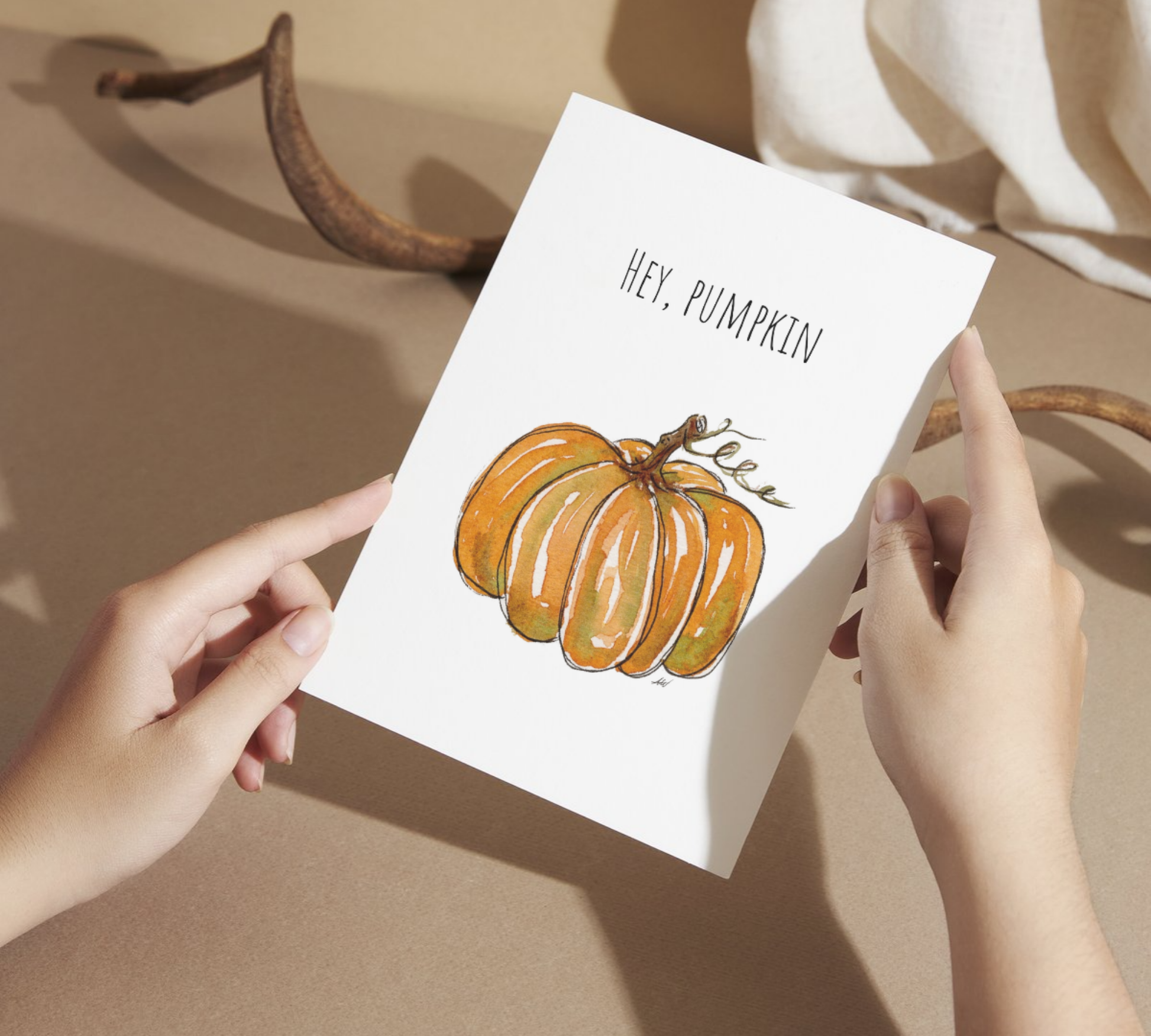 Hey Pumpkin Watercolor Greeting Card - alyssawhetstoneart