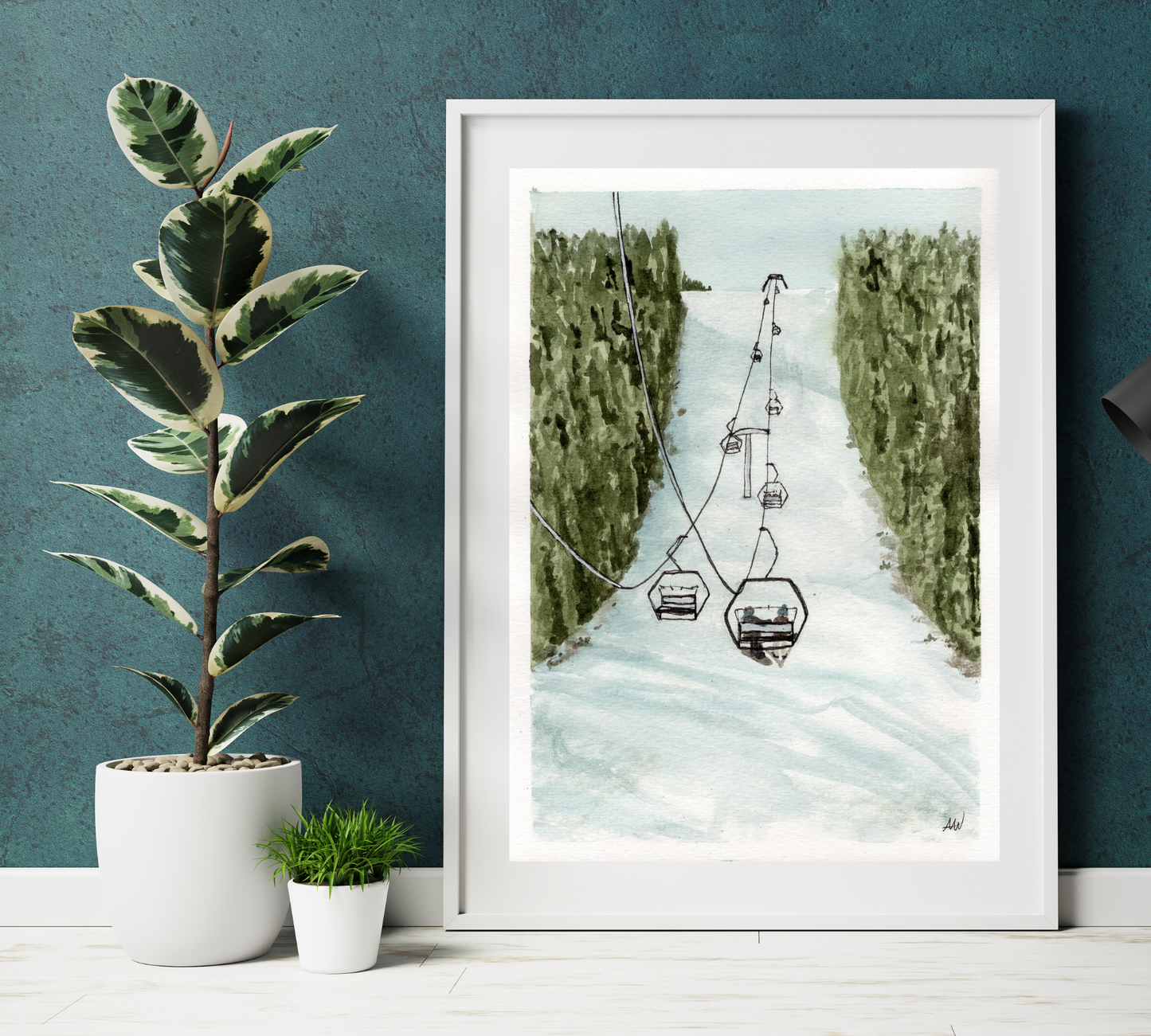Skiing through the Pines - Pen and Watercolor Painting - Archival Quality Art Print