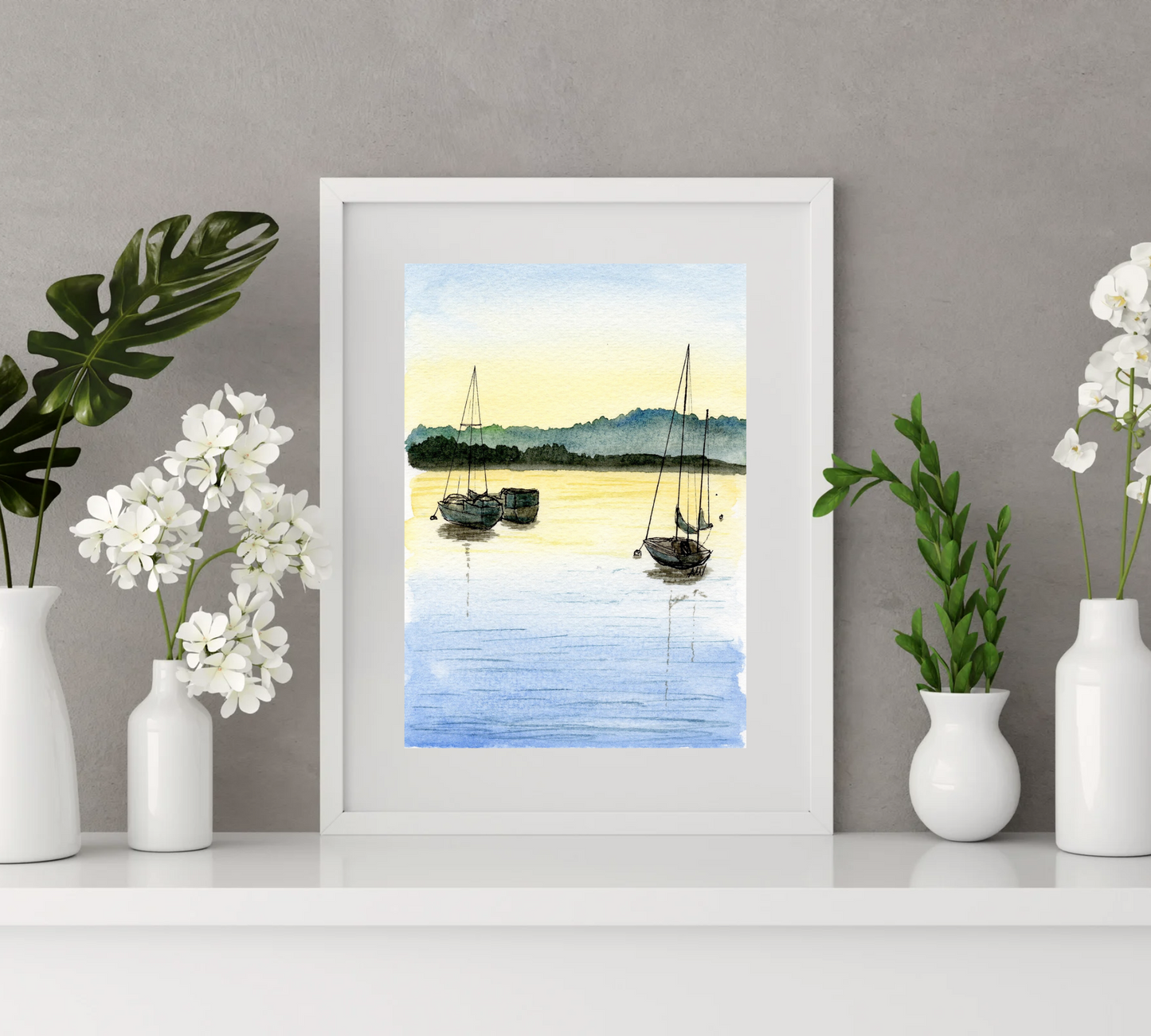 Grand Marais Sailboats Pen and Watercolor Art - Archival Quality Art Print