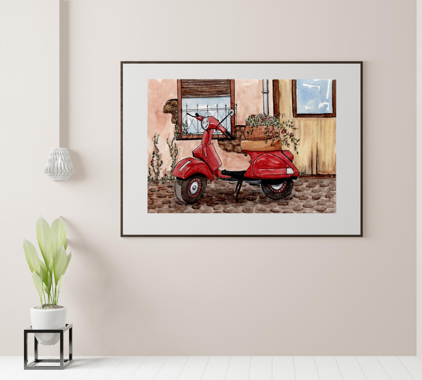 Vespa Scooter Pen and Watercolor Art - Archival Quality Art Print