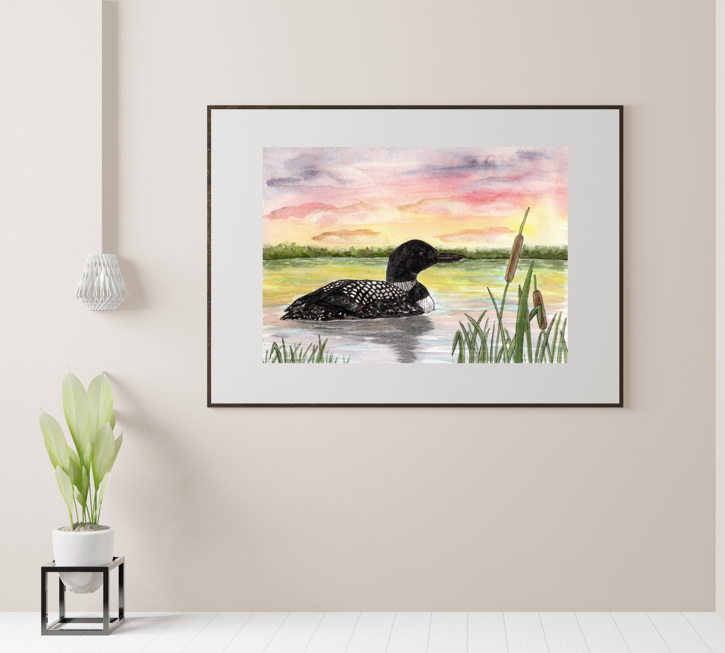 Loon at Sunset - Pen and Watercolor Painting - Archival Quality Art Print