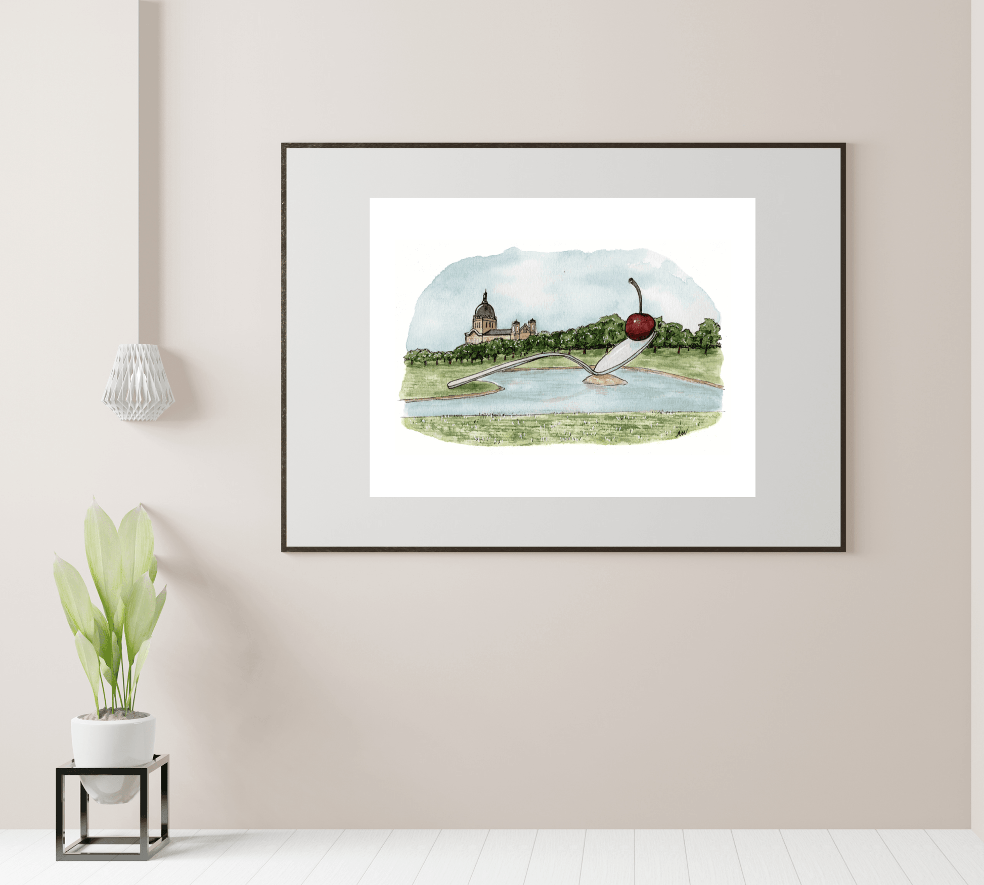 Cherry and Spoon Sculpture - Pen and Watercolor Art - Archival Quality Art Print - alyssawhetstoneart