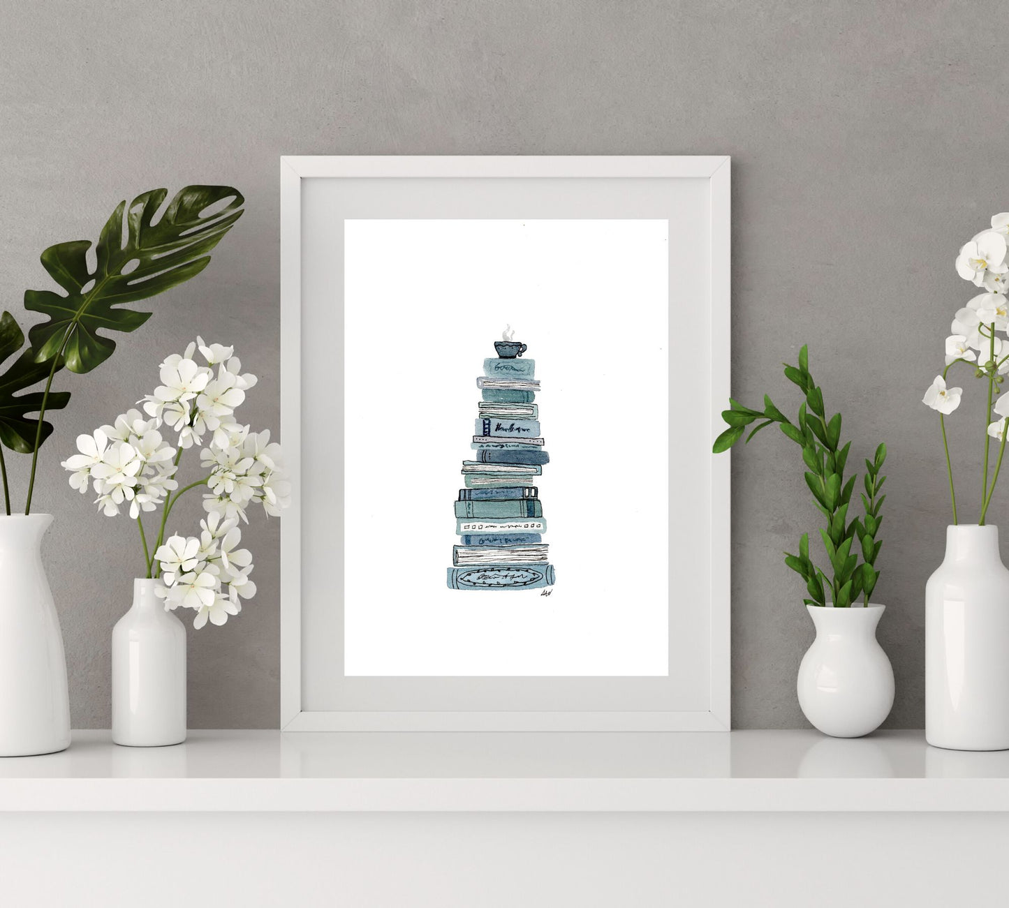 Book Stack - Pen and Watercolor Archival Art Print