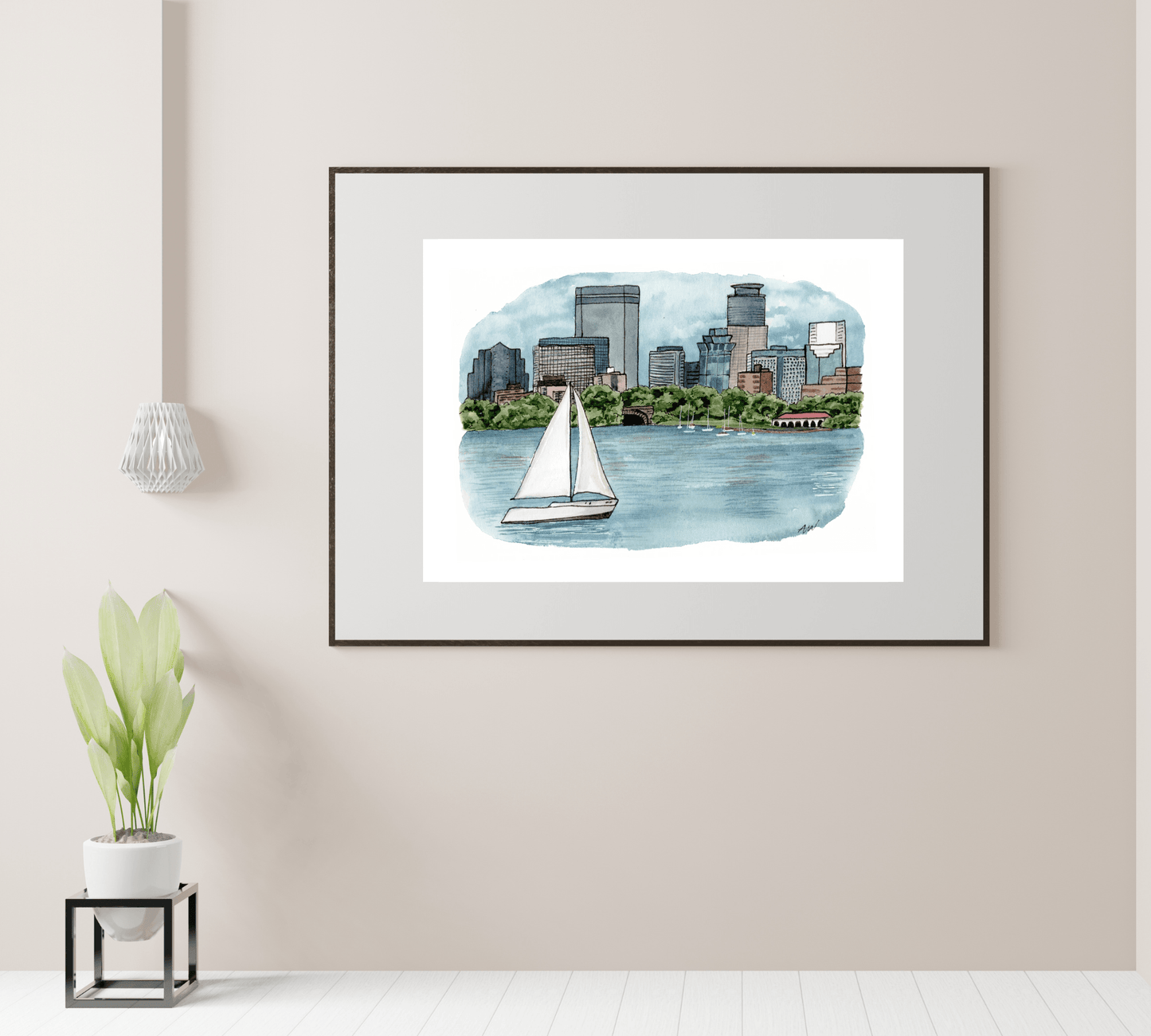 Bde Maka Ska view of Minneapolis - Pen and Watercolor Art - Archival Quality Art Print - alyssawhetstoneart