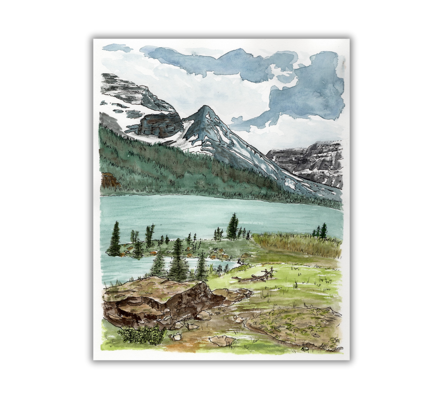 Many Glacier Montana - East Glacier National Park in Pen and Watercolor - Archival Quality Art Print