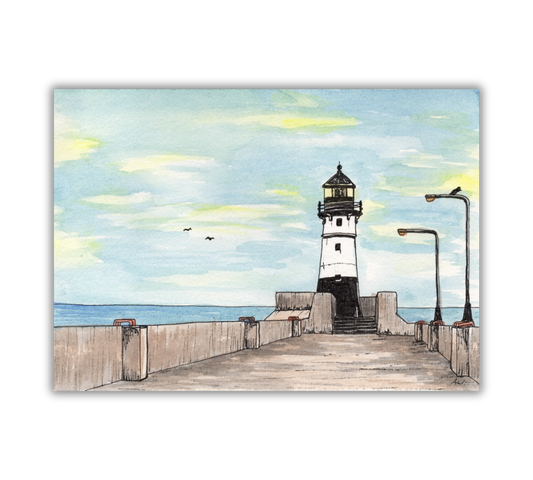 Duluth Lighthouse Pen and Watercolor Art - Archival Quality Art Print