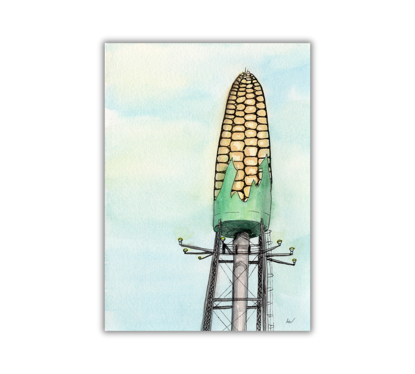 Rochester Corn Water Tower Pen and Watercolor Painting - Archival Quality Art Print