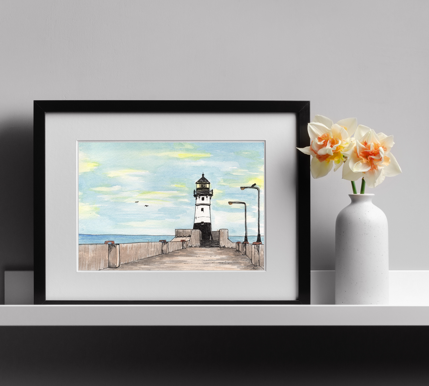Duluth Lighthouse Pen and Watercolor Art - Archival Quality Art Print