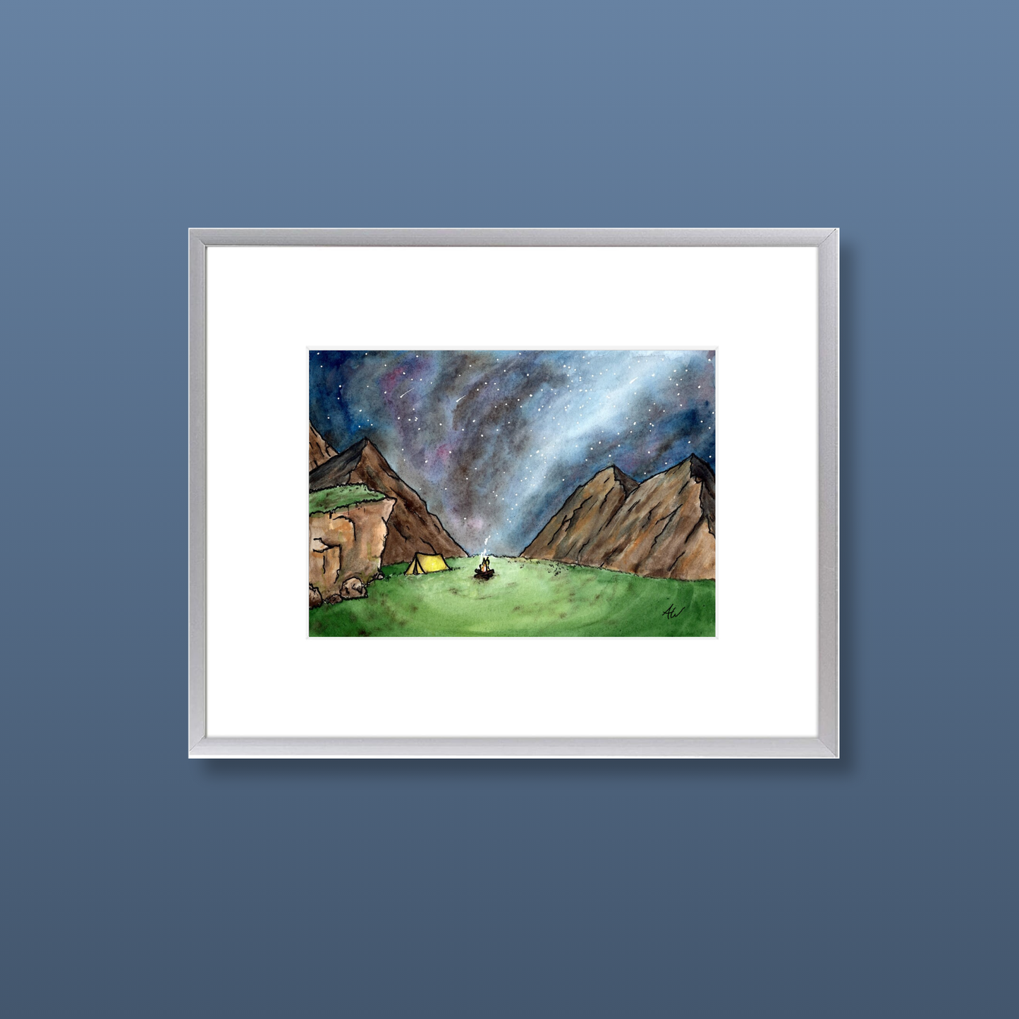 Camping at Night - Framed Original Watercolor Painting