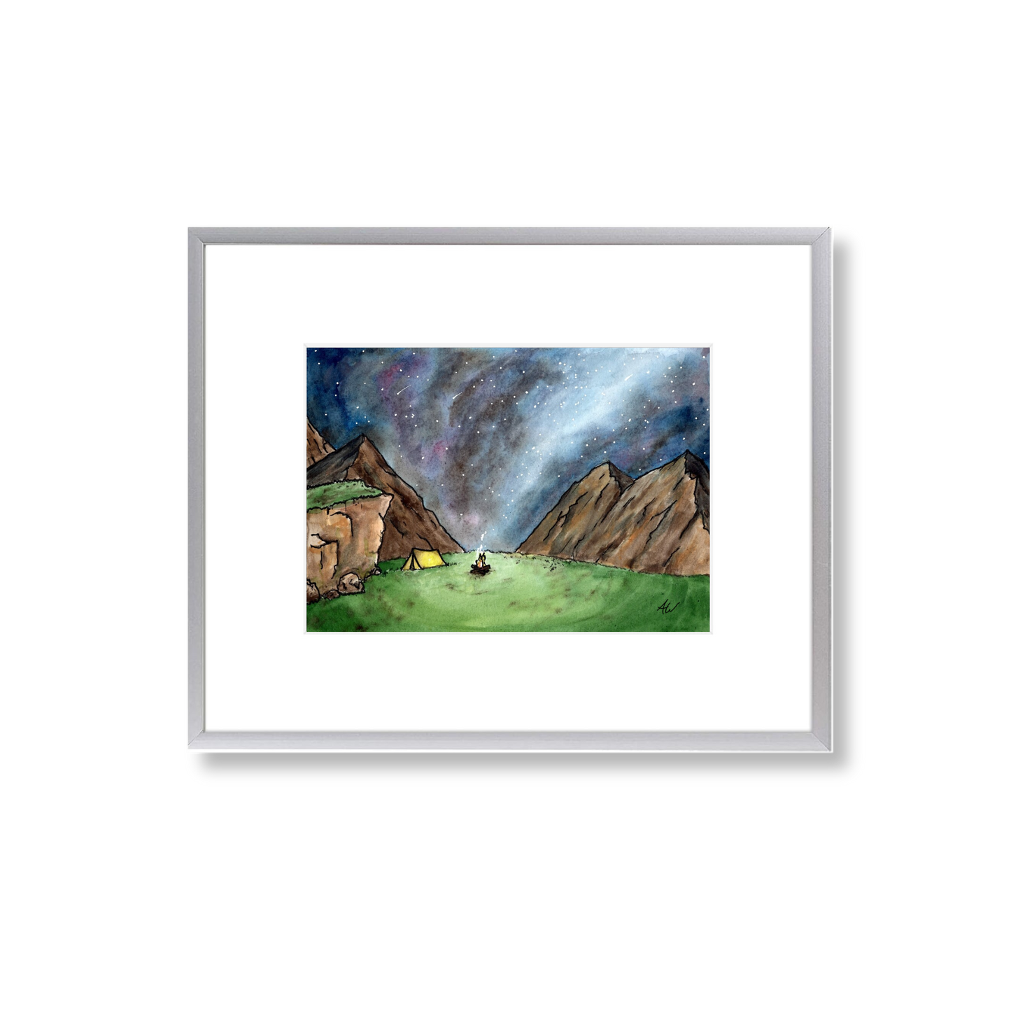 Camping at Night - Framed Original Watercolor Painting