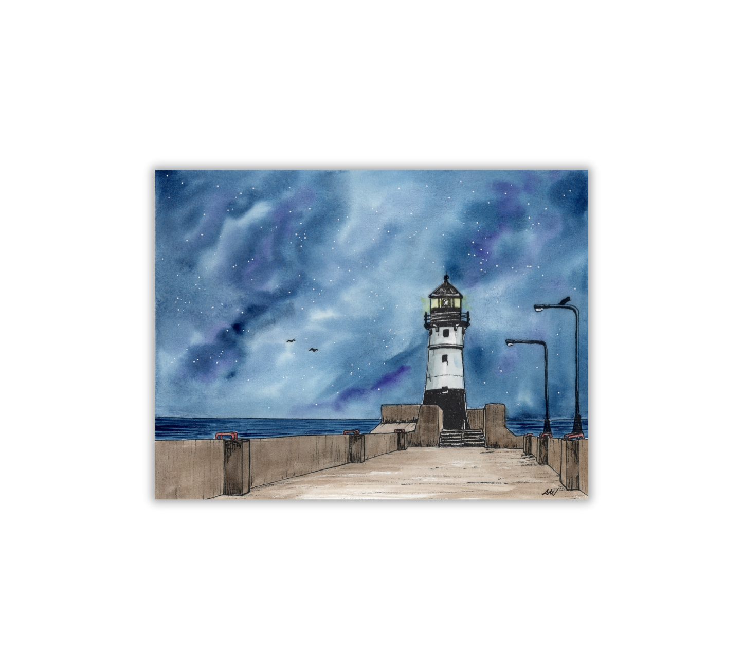 Duluth Lighthouse at Night Pen and Watercolor Art - Archival Quality Art Print