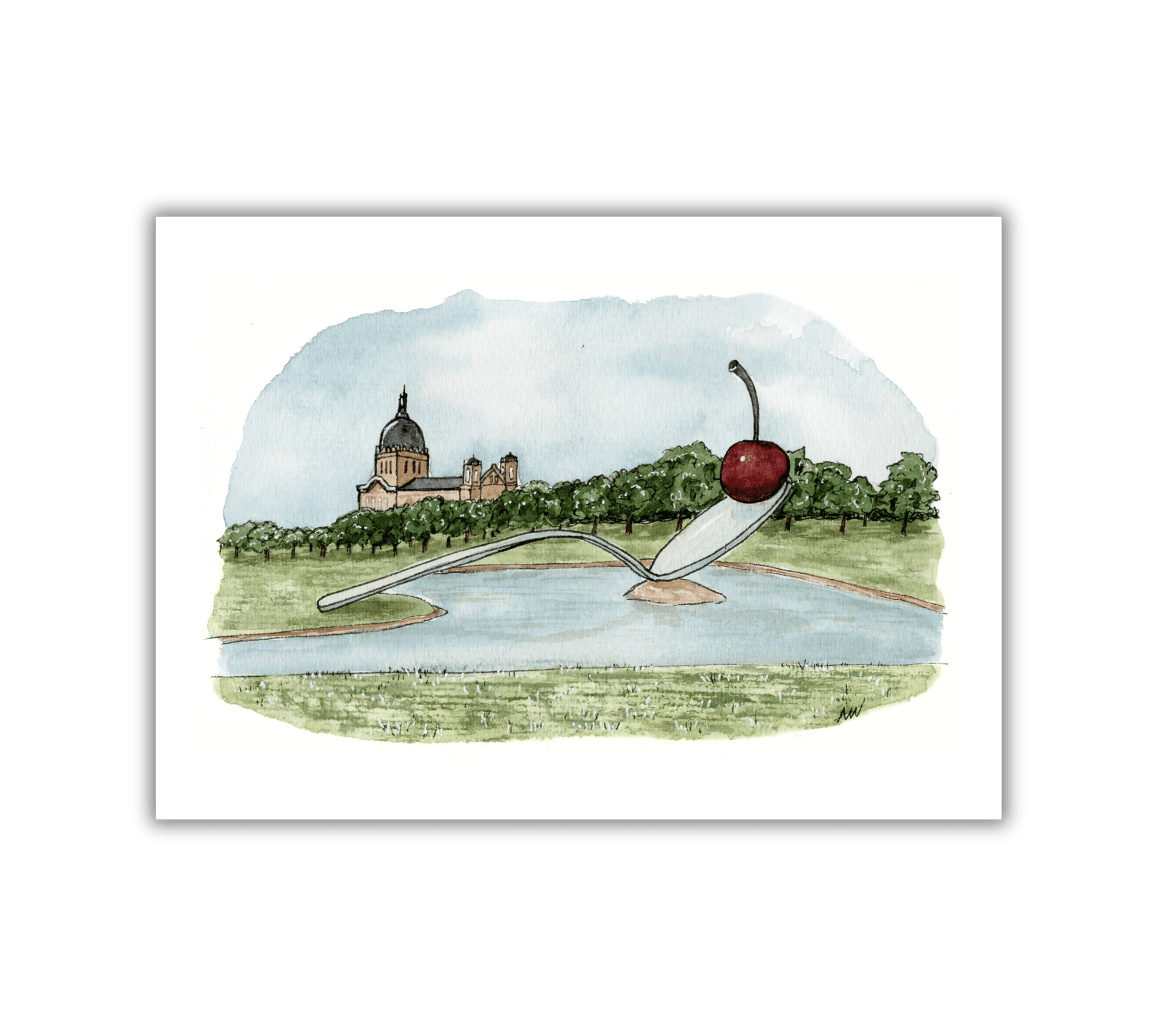 Cherry and Spoon Sculpture - Pen and Watercolor Art - Archival Quality Art Print - alyssawhetstoneart