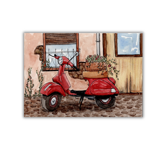 Vespa Scooter Pen and Watercolor Art - Archival Quality Art Print