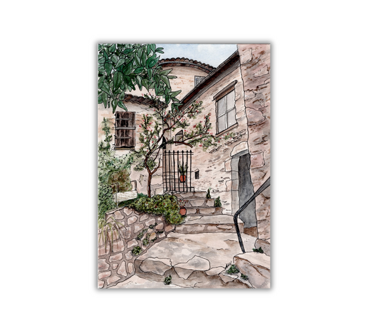 Eze Village France Pen and Watercolor Art - Archival Quality Art Print