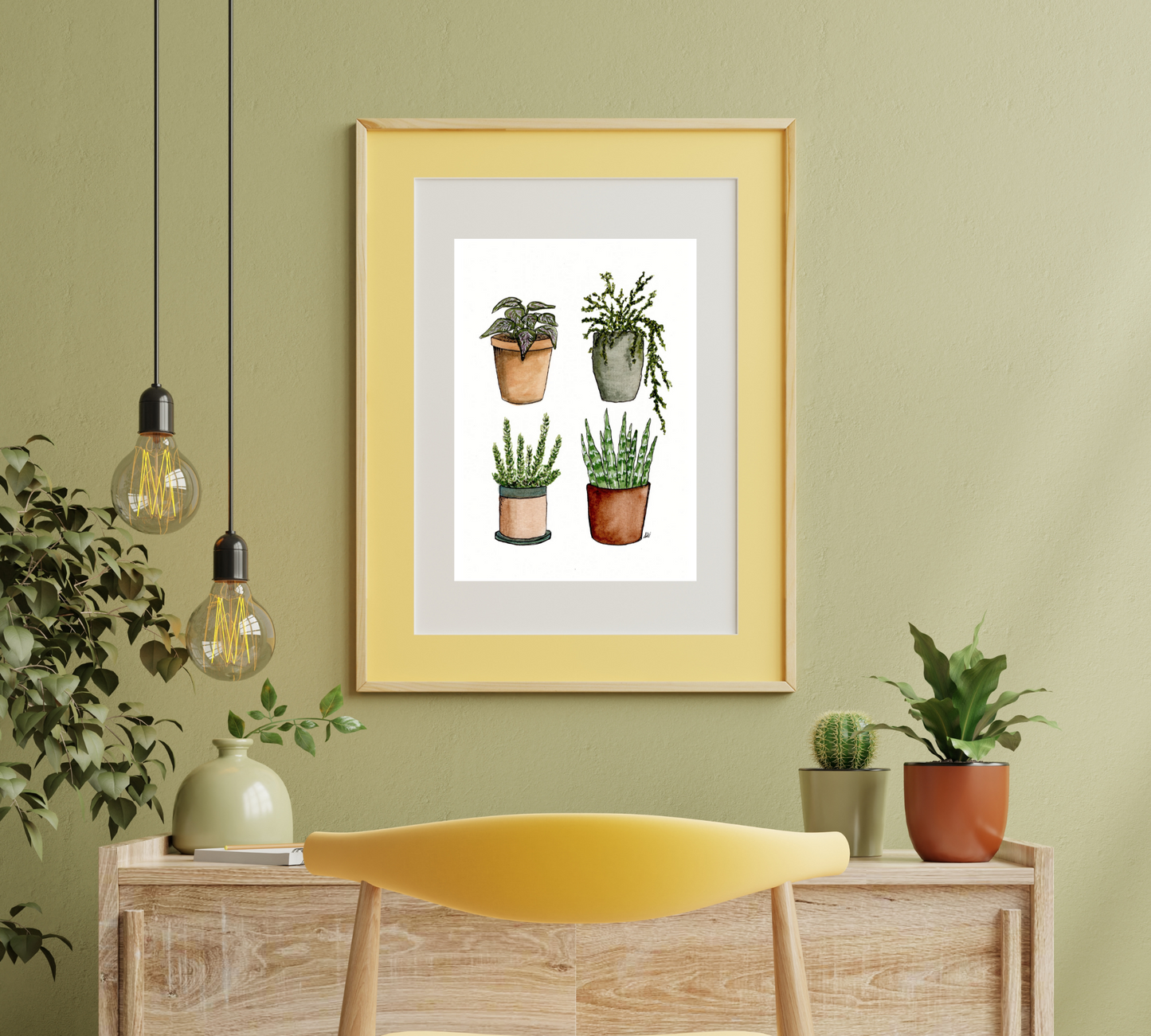 Four House Plants - Pen and Watercolor Archival Art Print