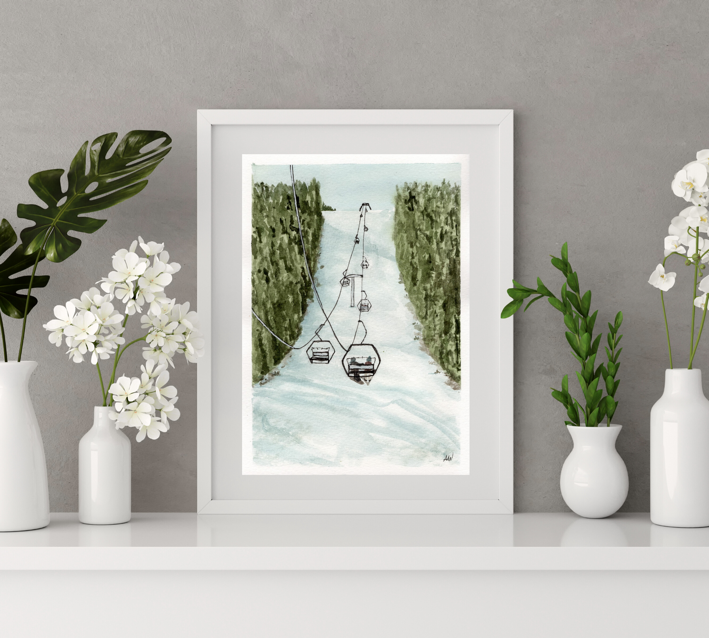 Skiing through the Pines - Pen and Watercolor Painting - Archival Quality Art Print