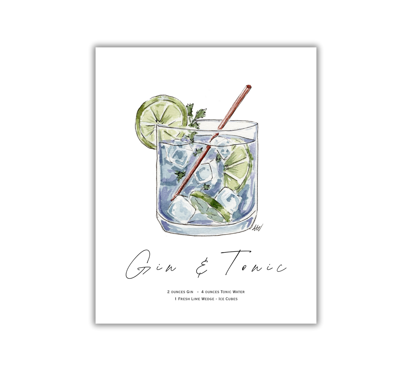 Gin and Tonic - Pen and Watercolor Archival Art Print