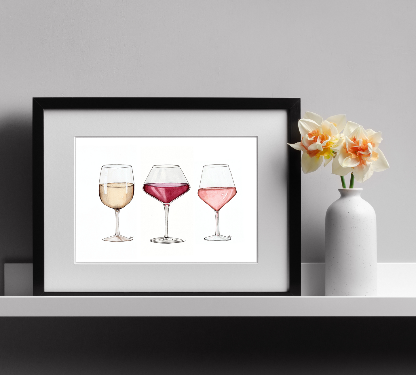 Wine Trio - Pen and Watercolor Archival Art Print