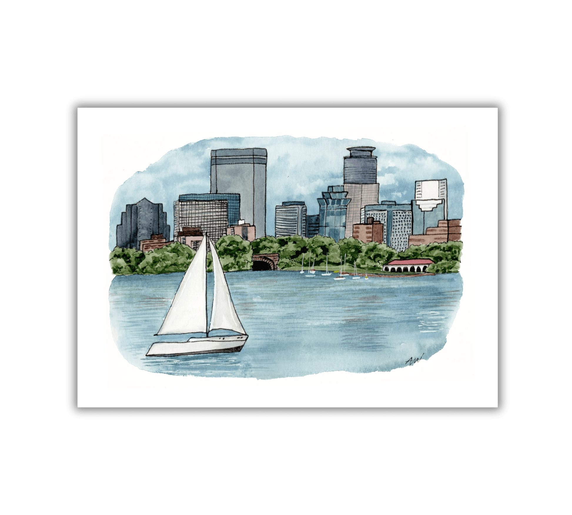 Bde Maka Ska view of Minneapolis - Pen and Watercolor Art - Archival Quality Art Print - alyssawhetstoneart