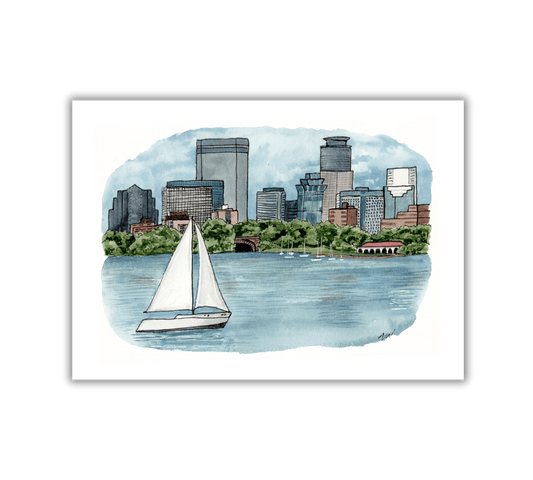 Bde Maka Ska view of Minneapolis - Pen and Watercolor Art - Archival Quality Art Print - alyssawhetstoneart