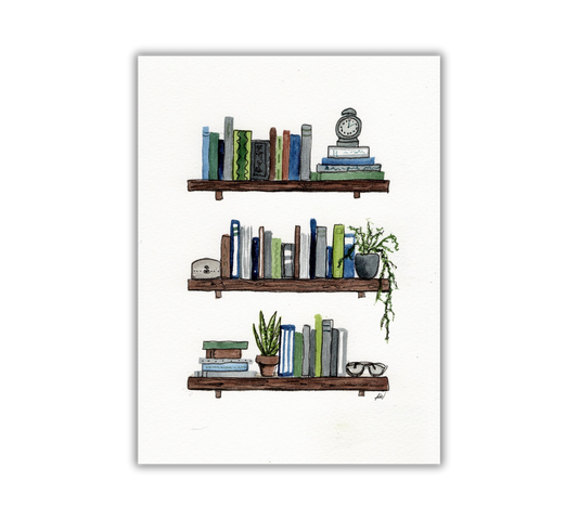Bookshelves - Pen and Watercolor Archival Art Print