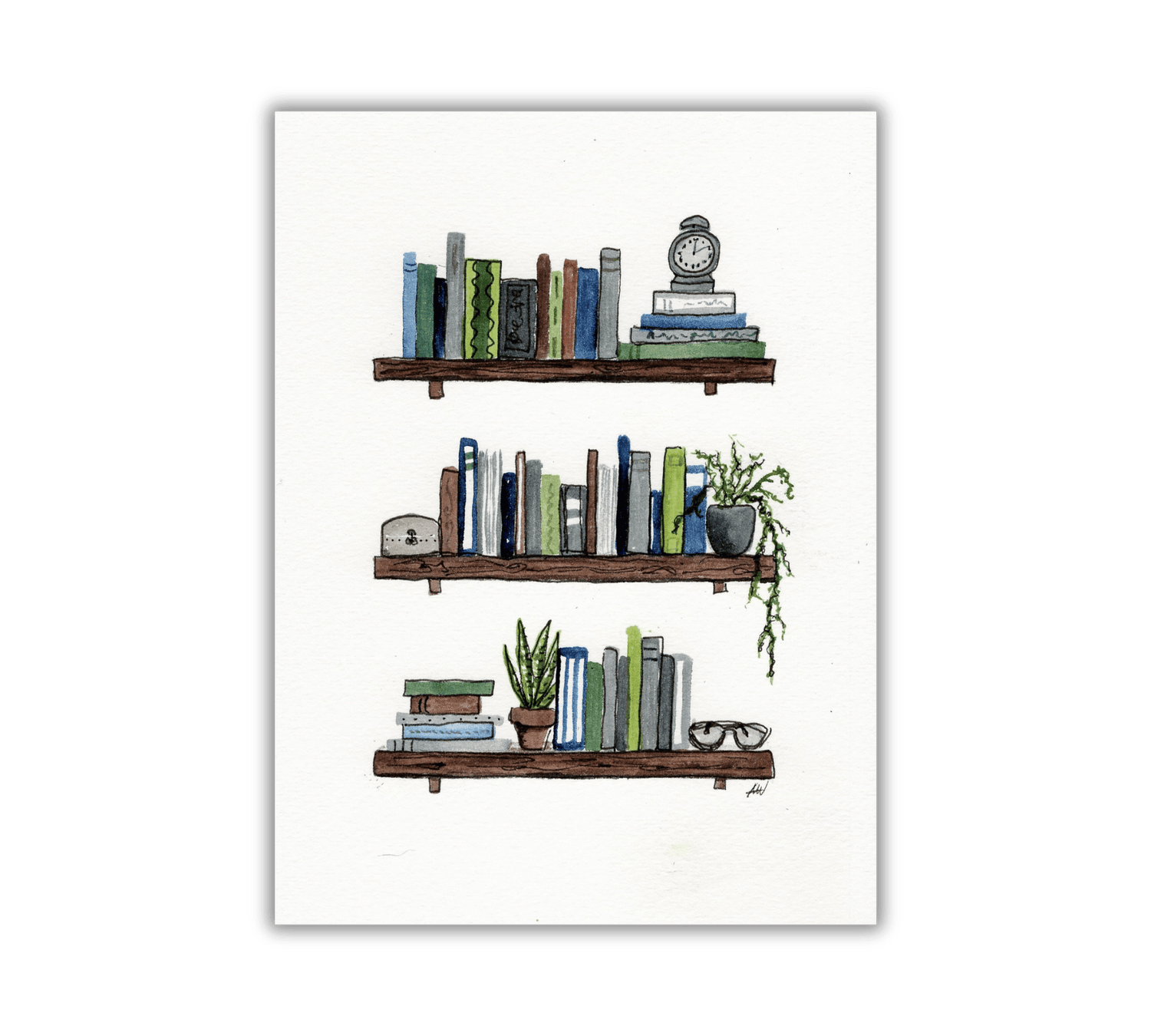 Bookshelves - Pen and Watercolor Archival Art Print - alyssawhetstoneart