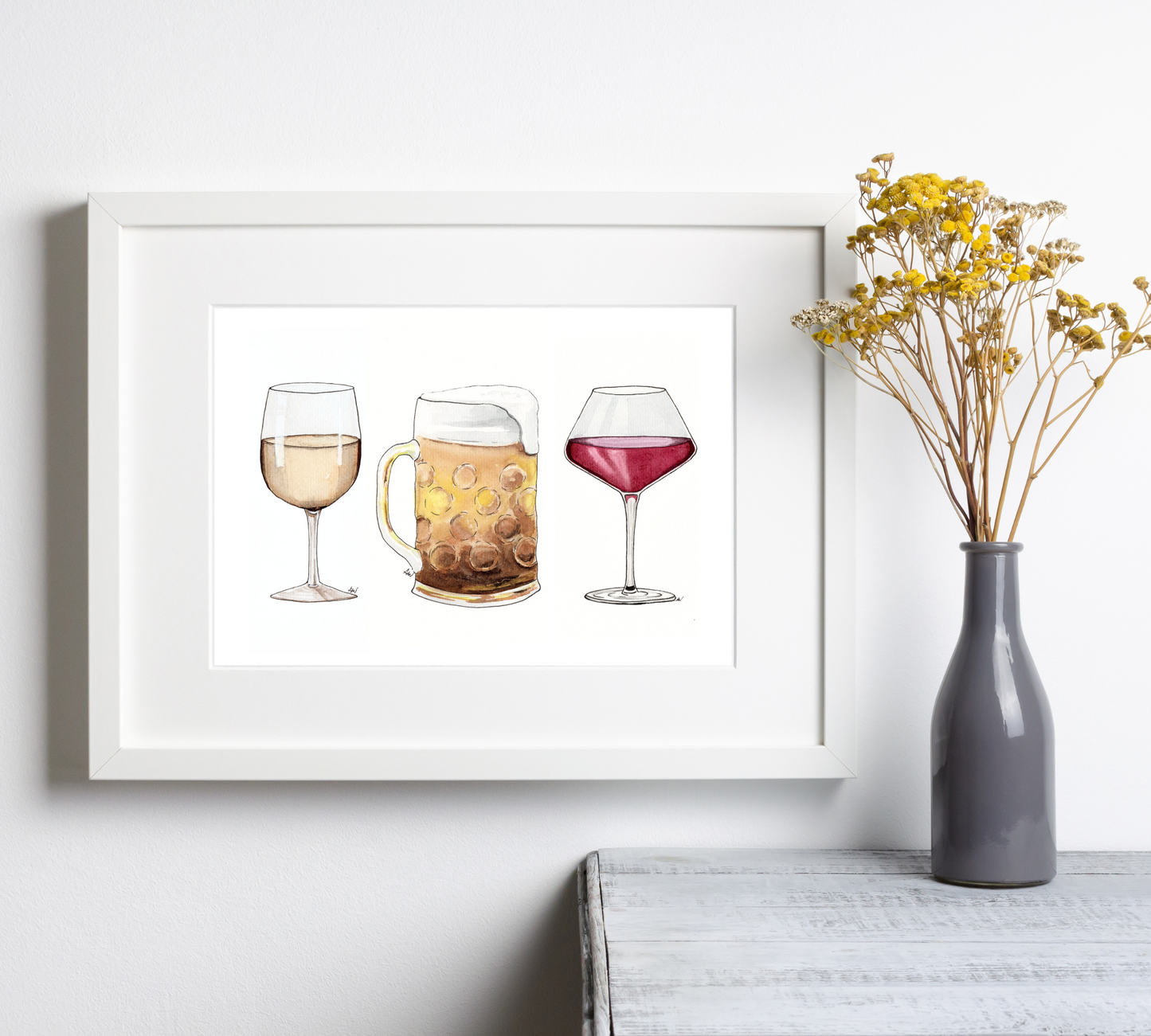 Wine and Beer - Pen and Watercolor Archival Art Print
