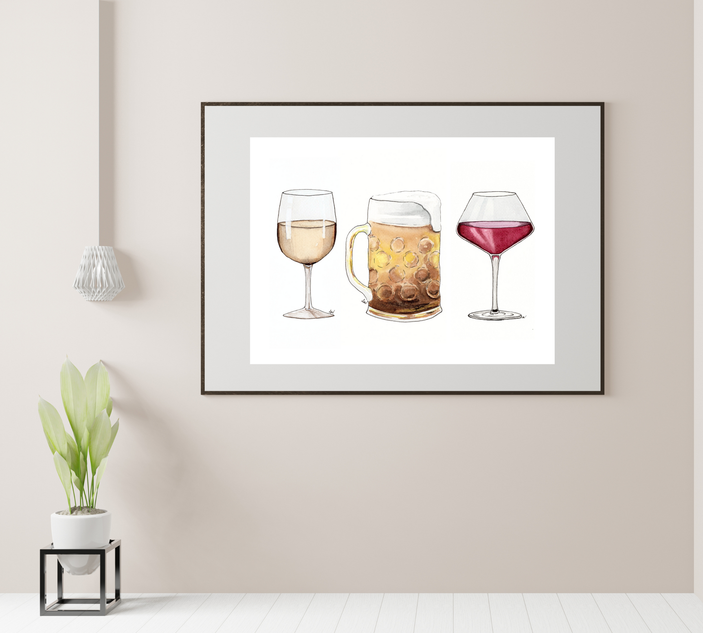 Wine and Beer - Pen and Watercolor Archival Art Print
