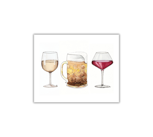 Wine and Beer - Pen and Watercolor Archival Art Print