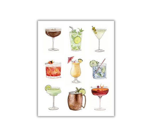 All the Drinks - Pen and Watercolor Archival Art Print