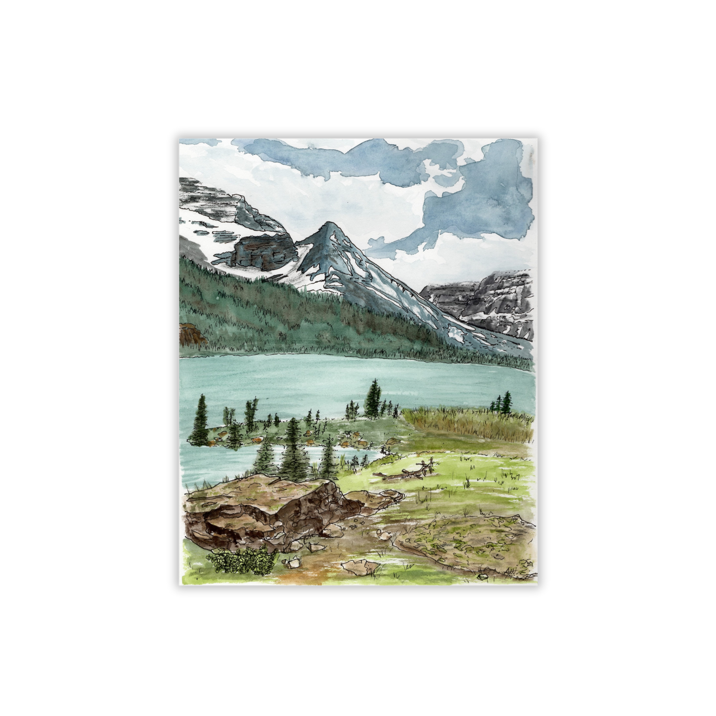 Scenic painting of a mountain lake with trees and a cabin.