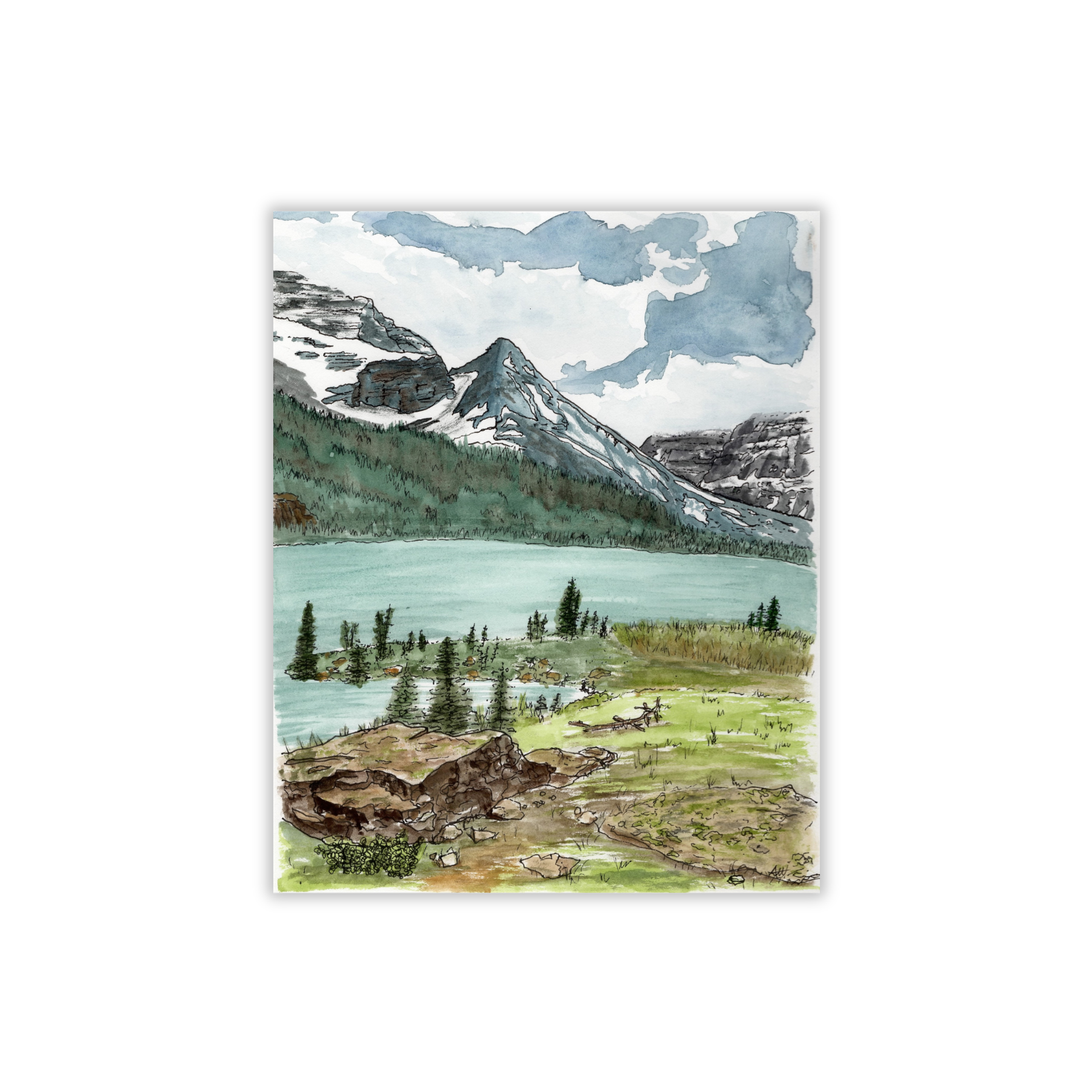 Scenic painting of a mountain lake with trees and a cabin.