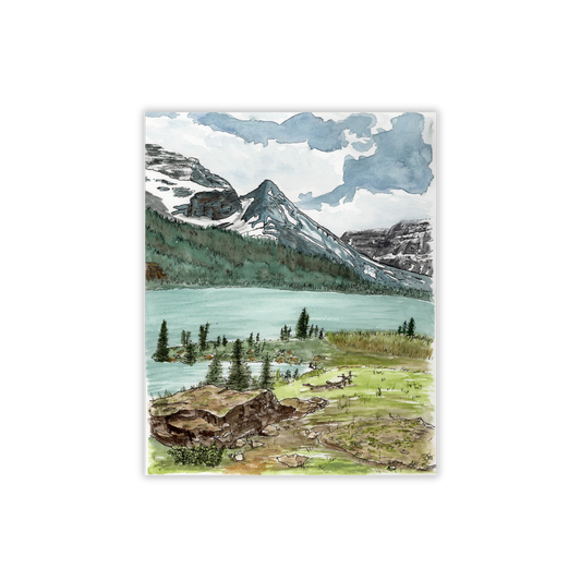 Scenic painting of a mountain lake with trees and a cabin.